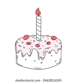 Birthday cake with candle. Food sweet, baked goods, dessert, cute icon, cartoon holiday attribute. Drawing, doodles. Vector illustration, sketch.