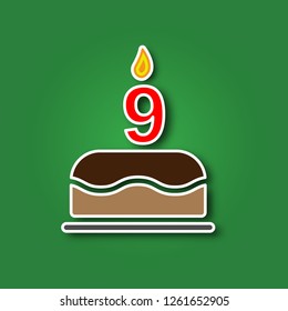 Birthday cake with a candle in the form of a number 9, in the form of a sticker with a shadow icon. Happy Birthday concept symbol design. Stock - Vector illustration can be used for web