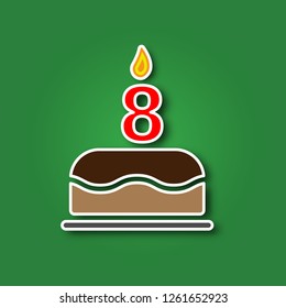 Birthday cake with a candle in the form of a number 8, in the form of a sticker with a shadow icon. Happy Birthday concept symbol design. Stock - Vector illustration can be used for web
