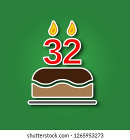 Birthday cake with a candle in the form of a number 32, in the form of a sticker with a shadow icon. Happy Birthday concept symbol design. Stock - Vector illustration can be used for web