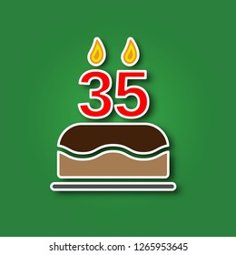 Birthday cake with a candle in the form of a number 35, in the form of a sticker with a shadow icon. Happy Birthday concept symbol design. Stock - Vector illustration can be used for web