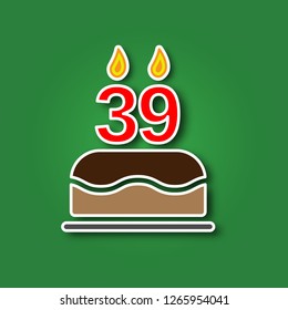 Birthday cake with a candle in the form of a number 39, in the form of a sticker with a shadow icon. Happy Birthday concept symbol design. Stock - Vector illustration can be used for web
