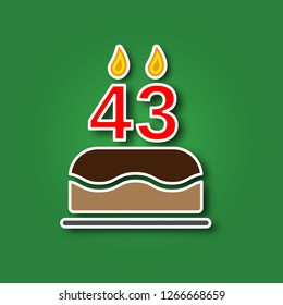 Birthday cake with a candle in the form of a number 43, in the form of a sticker with a shadow icon. Happy Birthday concept symbol design. Stock - Vector illustration can be used for web