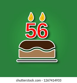 Birthday cake with a candle in the form of a number 56, in the form of a sticker with a shadow icon. Happy Birthday concept symbol design. Stock - Vector illustration can be used for web