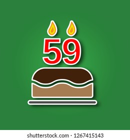 Birthday cake with a candle in the form of a number 59, in the form of a sticker with a shadow icon. Happy Birthday concept symbol design. Stock - Vector illustration can be used for web