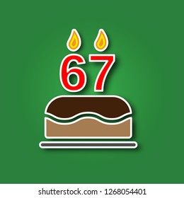Birthday cake with a candle in the form of a number 67, in the form of a sticker with a shadow icon. Happy Birthday concept symbol design. Stock - Vector illustration can be used for web