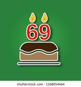 Birthday cake with a candle in the form of a number 69, in the form of a sticker with a shadow icon. Happy Birthday concept symbol design. Stock - Vector illustration can be used for web