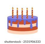 Birthday cake with candle. Cake with glazed icing and candles. Pastry and bakery. Holiday and festival. Dessert and delicacy. Flat vector illustration isolated on white background
