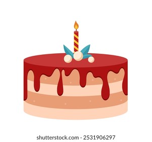 Bolo de aniversário com vela. Bolo com cobertura envidraçada. Pastelaria e padaria. Comendo na festa de aniversário. Sobremesa e delicadeza. Cartaz ou banner. Ilustração de vetor plano isolada no plano de fundo branco