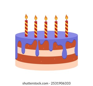 Bolo de aniversário com vela. Bolo com cobertura envidraçada e velas. Pastelaria e padaria. Feriado e festival. Sobremesa e delicadeza. Ilustração de vetor plano isolada no plano de fundo branco