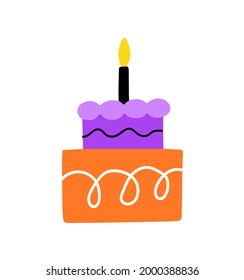 Birthday cake with candle hand drawn. Vector flat illustration dessert.