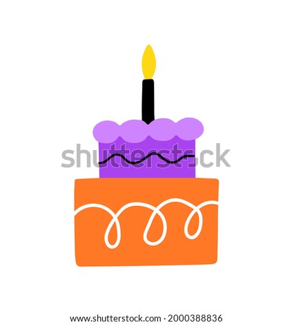 Birthday cake with candle hand drawn. Vector flat illustration dessert.
