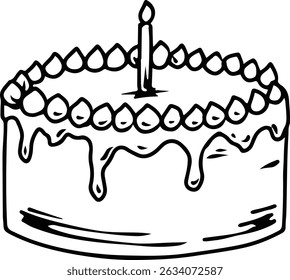 Birthday cake with candle and icing in black and white illustration