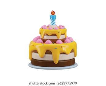 Birthday cake with candle icon 3d render concept of birthday decorations, Birthday celebration cake icon vector illustration