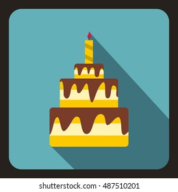 Birthday cake with candle icon in flat style on a baby blue background vector illustration