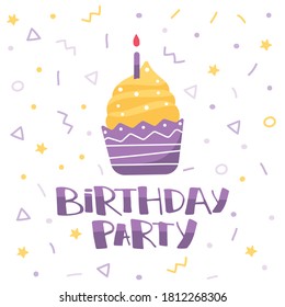 Birthday cake with candle and inscription happy birthday. Illustration in cartoon style. Greeting card for birthday