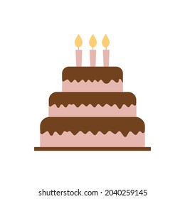 Birthday cake with candle isolated on white background. Simple flat vector. 