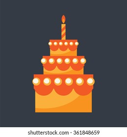 Birthday cake with candle isolated on black background. Simple flat vector. Design element.