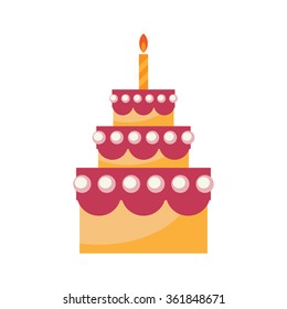 Birthday cake with candle isolated on white background. Simple flat vector. Design element.