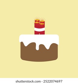Bolo de aniversário com vela iluminada fogo de artifício ilustração vetor. Bolo com um fogo de artifício como a vela.