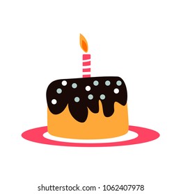 Birthday cake with candle lit. Hand drawn vector illustration. Cartoon style. Colorful desert. 
