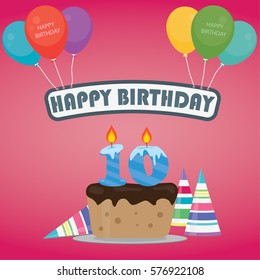 Birthday cake with a candle number 10 in flat style for birthday party invitation and cards design 10th bithday