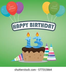 Birthday cake with a candle number 13 in flat style for birthday party invitation and cards design 13th bithday