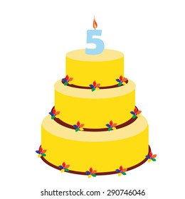 Birthday cake with birthday candle number five on top. Fifth birthday cake.