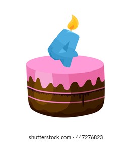 Birthday cake with birthday candle number four icon in cartoon style on a white background