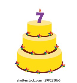 Birthday cake with birthday candle number seven on top. Seventh birthday cake.