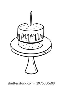 Birthday cake with a candle on a stand isolated on white background. Vector hand-drawn illustration in doodle style. Perfect for cards, logo, invitations, decorations, birthday designs.