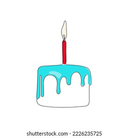 Birthday cake with candle on the top in continuous line art drawing style. Minimalist colorful linear sketch isolated on white background. Hand drawn vector illustration.