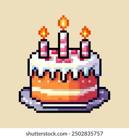 Birthday cake and candle in pixel art