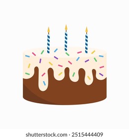 Birthday cake with candle. Cake with sprinkles. Glazing, creme, sweet food, dessert. Vector isolated on white background