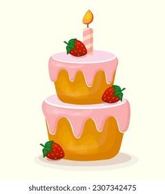 Birthday cake with candle and strawberries vector isolated illustration. Two layers cake with pink icing.