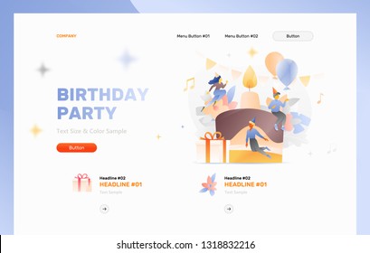 Birthday cake with a candle surrounded by tiny people characters in party hats. Modern vector website header template for birthday celebration.