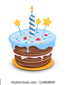 Birthday cake with candle and sweet decoration. Vector illustration