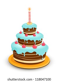 Birthday cake with candle and sweet decoration. Vector illustration