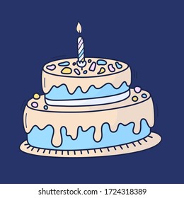 Birthday cake with candle. Symbol of celebration. Doodle cartoon Hand drawn vector illustration.