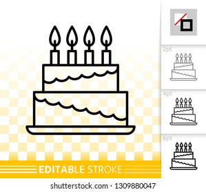 Birthday Cake with candle thin line icon. Sweet food banner, flat style. Dessert poster. Linear pictogram. Simple illustration, outline symbol. Cupcake vector sign, editable stroke icons without fill