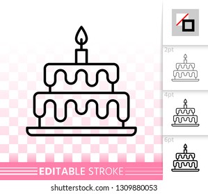 Birthday Cake with candle thin line icon. Sweet food banner, flat style. Dessert poster. Linear pictogram. Simple illustration, outline symbol. Cupcake vector sign, editable stroke icons without fill