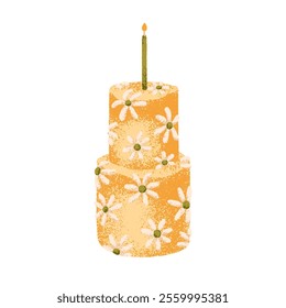 Birthday cake with candle. Tiered festive dessert with cream flowers decoration. Sweet confectionery, pastry treat for bday party celebration. Flat vector illustration isolated on white background