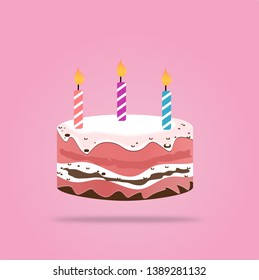Birthday cake with candle vector design isolated on pink background. illustration