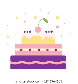 Birthday cake with candle. Vector flat illustration. Isolated. Cake icon. For birthday, party invitations.