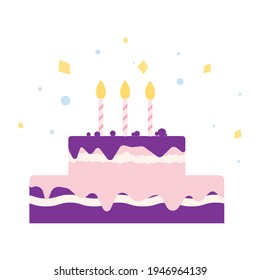 Birthday cake with candle. Vector flat illustration. Isolated. Cake icon. For birthday, party invitations.