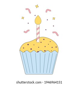 Birthday cake with candle. Vector flat illustration. Isolated. Cake icon. For birthday, party invitations.