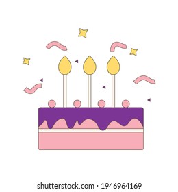 Birthday cake with candle. Vector flat illustration. Isolated. Cake icon. For birthday, party invitations.
