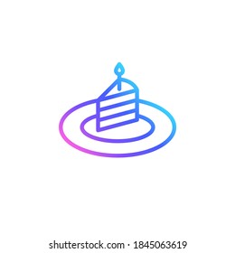 Birthday cake and candle vector icon in bright color gradient  Outlined slice cake and candle plate isolated white background  Minimalist line art in blue  violet   pink 