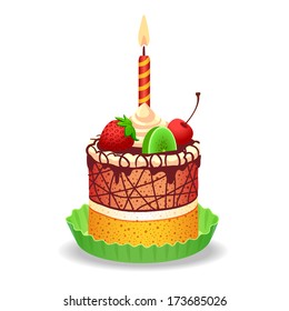 Birthday cake with candle, vector iiiustation.