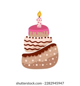 Birthday cake with a candle, vector party baby kids simple flat dessert doodle illustration